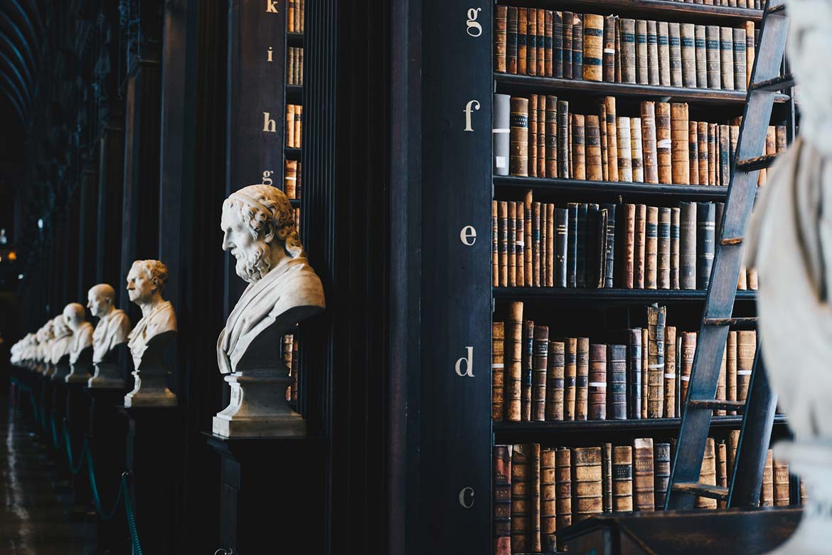 Classic law library with historical books and marble busts, symbolizing legal expertise, tradition, and knowledge.